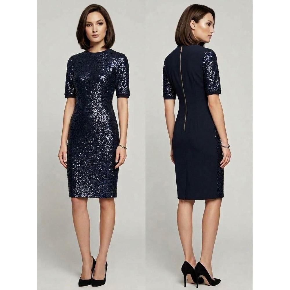 Eliza J Sequin Sheath Dress Womens Size 4 Navy Blue Short Sleeve Cocktail Formal